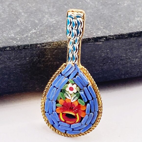 Vintage Jewelry - Vintage Italian micromosaic mandolin brooch ~ c. 1930s 1940s mosaic souvenir pin